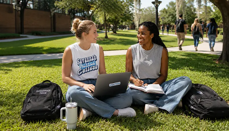 Two students wearing STC gear sitting in some green space on campus having a great time